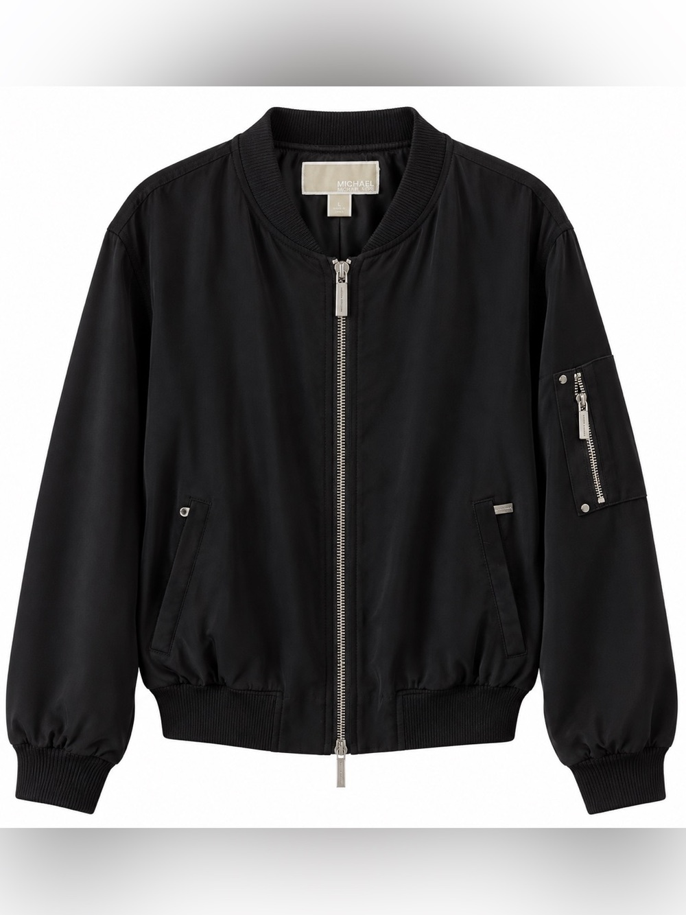 MICHAEL Michael Kors Black Silky Bomber Jacket Silver Zip L Y2K Fall - Picture 3 of 13